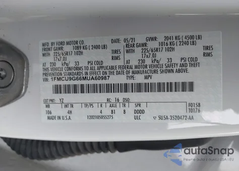 2021 Ford Escape Se from USA, damaged, VIN 1FMCU9G66MUA60987